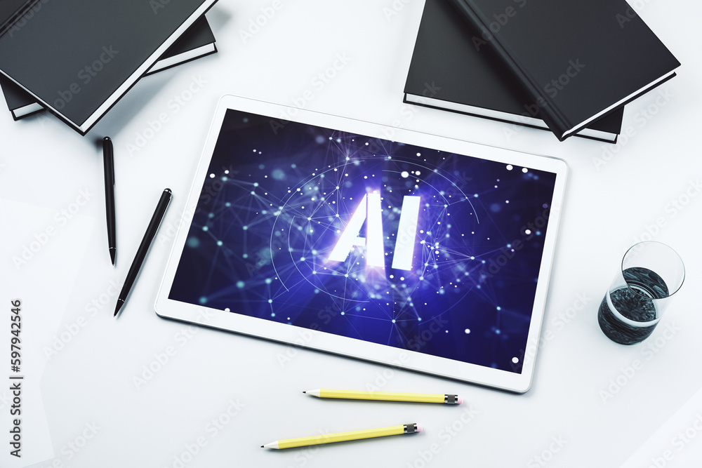 Leinwandbilder Creative artificial Intelligence symbol concept on modern digital tablet screen. Top view. 3D Rendering