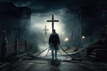 Catholic priest exorcist created by generative AI - obrazy, fototapety, plakaty