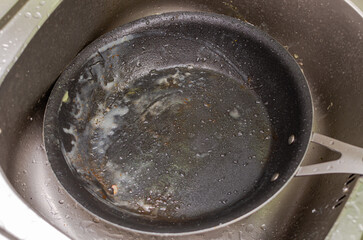 Dirty greasy frying pan in the washbasin