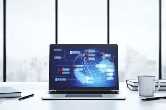 Abstract creative coding concept with world map on modern laptop screen. 3D Rendering
