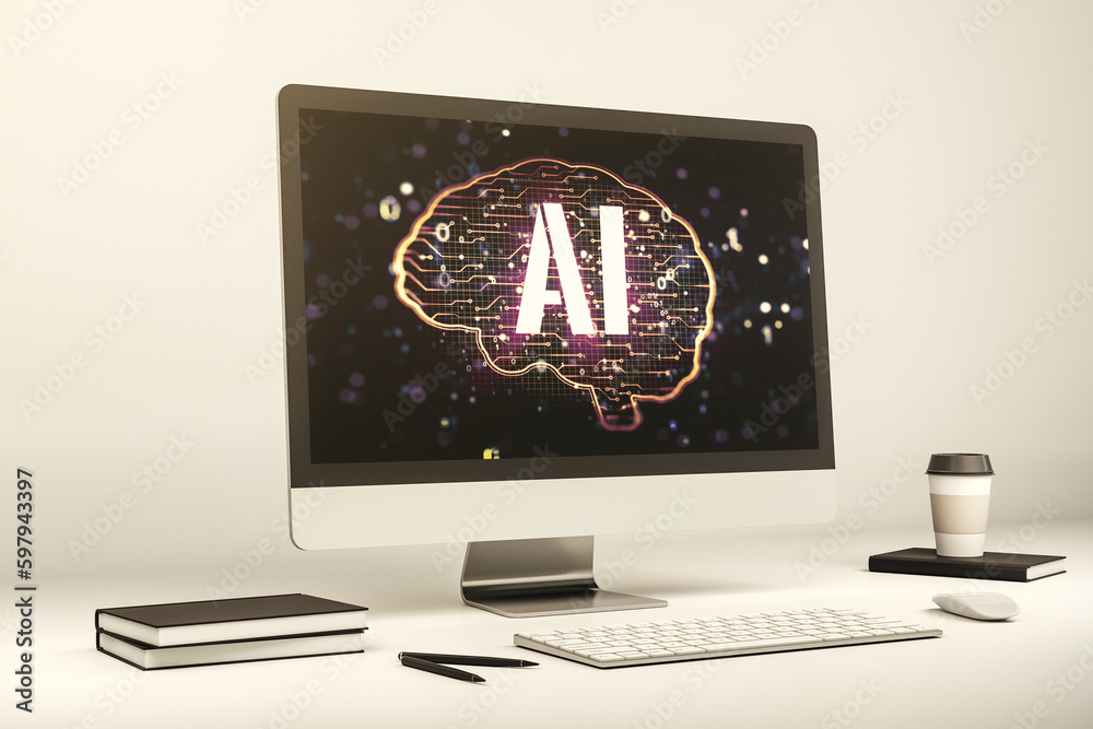 Poster Modern computer monitor with creative artificial Intelligence symbol. Neural networks and machine learning concept. 3D Rendering