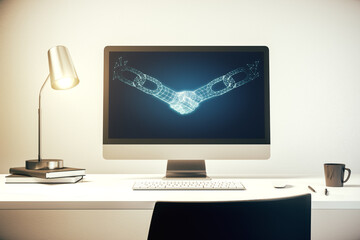 Modern computer monitor with blockchain technology with handshake hologram. Research and development decentralization software concept. 3D Rendering