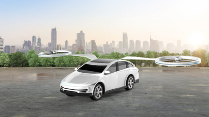 Fototapeta na wymiar White electric flying car or ev car drone