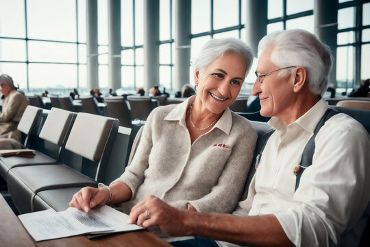 Cute senior couple tourist looking at flight documents at the departure hall of a modern airport. Travel concept. Generative AI