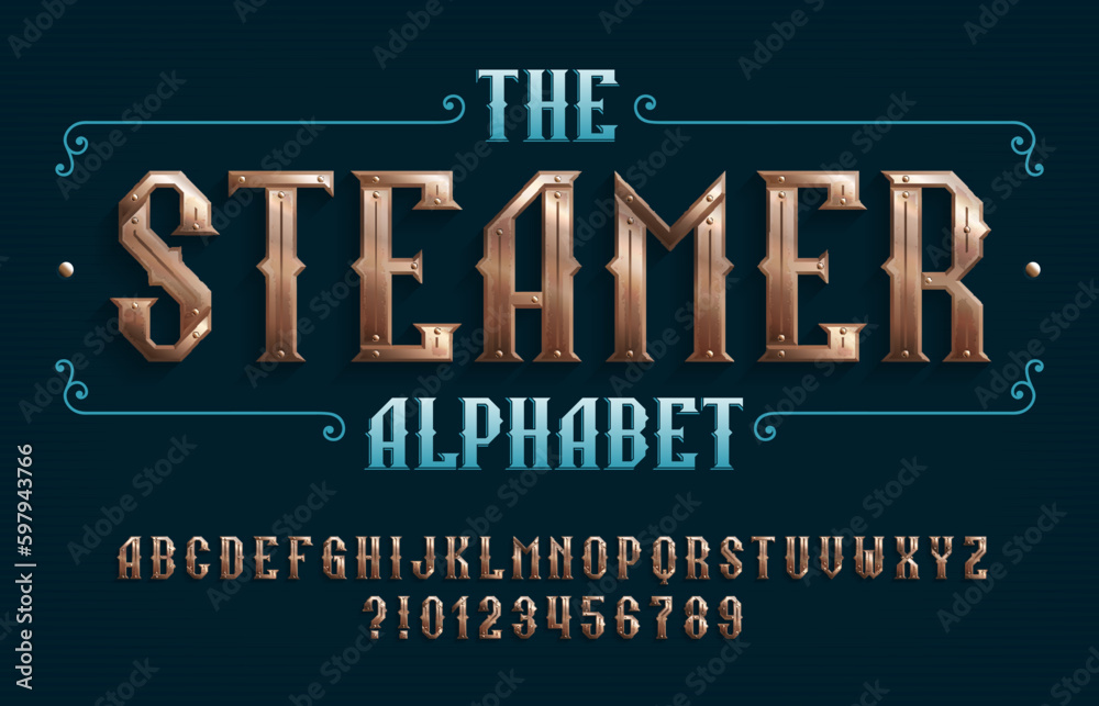 Fototapete steamer alphabet font. riveted geometric letters and numbers in steampunk style. stock vector typesc