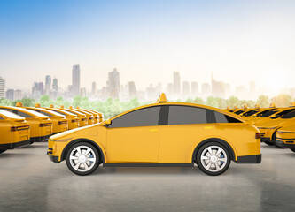 Fototapeta na wymiar Yellow ev taxis or electric vehicle in city