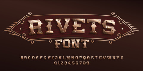 Rivets alphabet font. Riveted vintage letters and numbers in steampunk style. Stock vector typescript for your design.