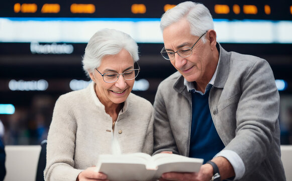Cute senior couple tourist looking at flight documents at the departure hall of a modern airport. Travel concept. Generative AI