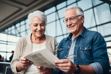 Cute senior couple tourist looking at flight documents at the departure hall of a modern airport. Travel concept. Generative AI