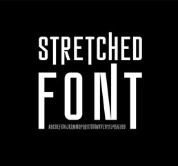 Condensed bold font, narrow alphabet, stretched letters and numbers, vector illustration 10EPS