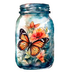 Mason jar with butterflies, flowers, leaves AI generative watercolor isolated illustration