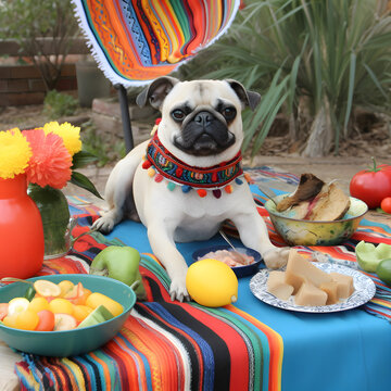 Adorable pug dog with mexican food. Happy Cinco De Mayo fashion.