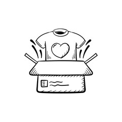 Clothes donation box t-shirt donate charity and kindness doodle hand drawn line icon illustration
