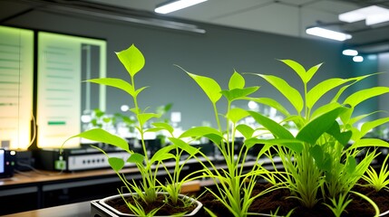 a young plant growing in a lab, with a backdrop of scientific equipment