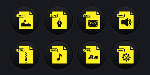 Set ZIP file document, WMA, MP3, OTF, EML, EPS, MAX and TIFF icon. Vector