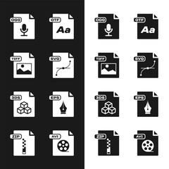 Set SVG file document, TIFF, OGG, OTF, 3DS, EPS, AVI and ZIP icon. Vector