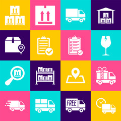 Set Delivery truck and clock, with gift, Fragile broken glass, cargo vehicle, Verification of delivery list, Location cardboard box, Cardboard traffic and icon. Vector