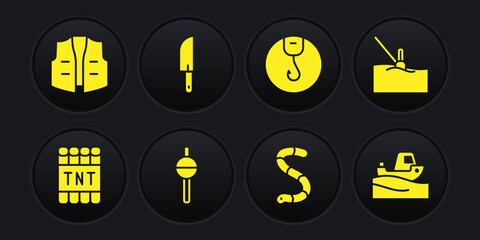 Set Detonate dynamite bomb stick, Fishing float in water, Worm, hook, Knife, boat and jacket icon. Vector