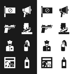 Set Burning car, Pistol or gun, Protest, Megaphone, Police officer, Cocktail molotov, Paint spray can and Broken window icon. Vector