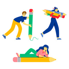 Flat students standing with pencils. Young men and women holding large pencils. Concept of education, copywriting, creativity, content manager, blogging, drawing, training. Cute isolated characters