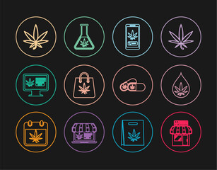 Set line Marijuana and cannabis store, leaf oil, Online buying marijuana, Shopping bag of, Medical pills with and Test tube icon. Vector