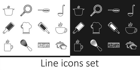 Set line Cooking pot, Coffee cup, Frying pan, Chef hat, Grater, and icon. Vector