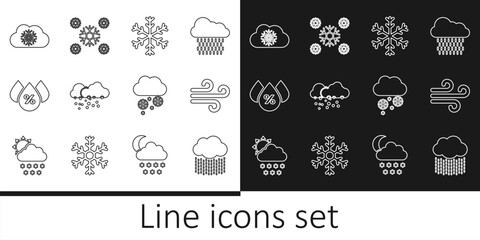 Set line Cloud with rain, Wind, Snowflake, snow, Water drop percentage, and icon. Vector