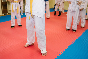 View of legs. Children are warming up their legs, hands, body before demonstration of karate. Healthy lifestyle concept, playing sports. Martial arts. Judo, Jiu Jitsu. Bold, strong. does a warm-up