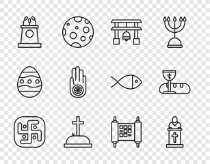 Set line Jainism, Church pastor preaching, Japan Gate, Tombstone with cross, Stage stand tribune, Dharma, Decree, paper, parchment, scroll and First communion symbols icon. Vector