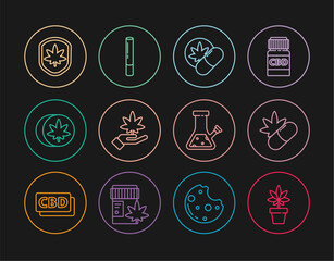 Set line Marijuana or cannabis plant, Medical pills with marijuana, Herbal ecstasy tablets, leaf, Shield and, Glass bong for smoking and joint icon. Vector