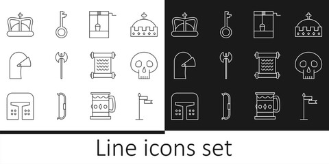 Set line Medieval flag, Skull, Well with bucket, axe, iron helmet, King crown, Decree, parchment, scroll and Old key icon. Vector