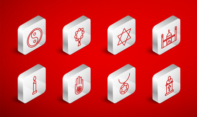 Set line Church pastor preaching, Rosary beads religion, Star of David, Muslim Mosque, necklace chain, Yin Yang, Jainism Jain Dharma and Burning candle icon. Vector