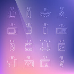 Set line Smart light bulb, washer, Wireless keyboard, drone, refrigerator, microwave oven, flasher siren and smartphone icon. Vector