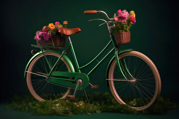 Fototapeta na wymiar Bicycle With Beautiful Flower Basket on vintage background. Generative Ai.