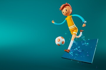 3D boy character football player in soccer action. 3d illustration. sports background concept. men kick motion. sports action person. graphic wallpaper. cartoon game soccer. creative poster layout