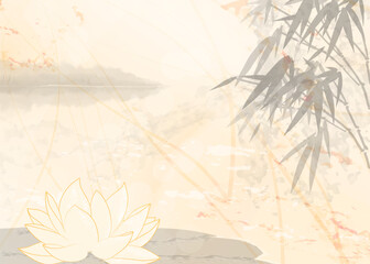 Bamboo, lotus. Ink wash textured paper. Oriental style illustration for background use. Bright design can be used for card or banner, meditation announcement, brochure template. Beige frame wallpaper. - 597947569