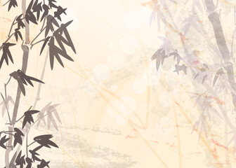 Bamboo forest. Ink wash textured paper. Oriental style illustration for background use. Bright design can be used for card or banner, meditation announcement, brochure template. Beige frame wallpaper. - 597947588