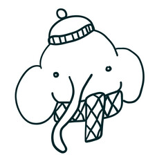 Happy New Year. Elephant in warm winter hat. Vector illustration in outline doodle style isolated on white background.