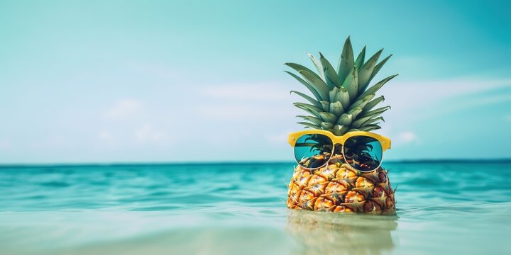 Pineapple with sunglasses on tropical beach background. Summer concept. copy space, generative ai
