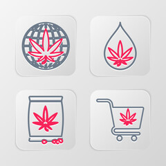 Set line Shopping cart with marijuana, Marijuana or cannabis seeds, leaf oil and Legalize icon. Vector