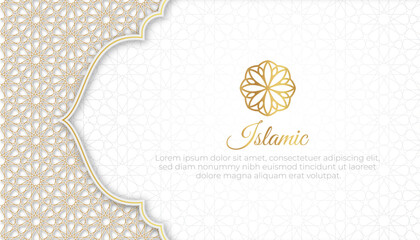 Arabic Islamic Elegant White Luxury Ornament Background with copy space for text.Elegant and Creative Wave Layered Luxury White and Gold Islamic Background. 