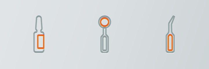 Set line Dental explorer scaler, Painkiller tablet and inspection mirror icon. Vector