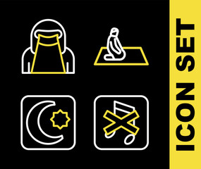 Set line Muslim man prays, Speaker mute, Star and crescent and woman in niqab icon. Vector