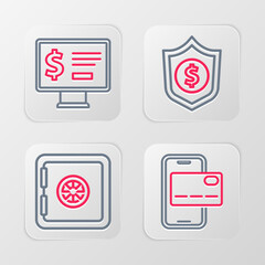 Set line Mobile banking, Safe, Shield with dollar and Monitor icon. Vector