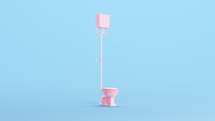 Pink Toilet Cistern Traditional Vintage Tall Stylish Bathroom Trendy Kitsch Blue Background Quarter View 3d illustration render digital rendering