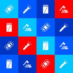 Set Rafting boat, Flashlight, Open matchbox and matches and Wooden axe wood icon. Vector