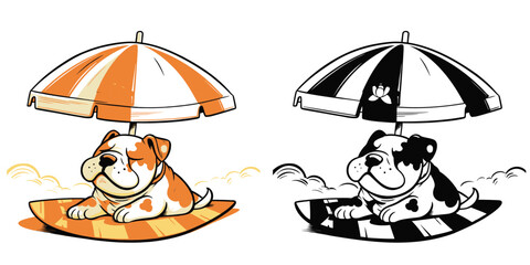 A cute bulldog lounging on a beach towel under an umbrella.Illustration of T-shirt design graphic.
