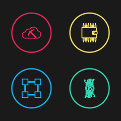 Set line Blockchain technology, Cryptocurrency bitcoin circuit, wallet and cloud mining icon. Vector