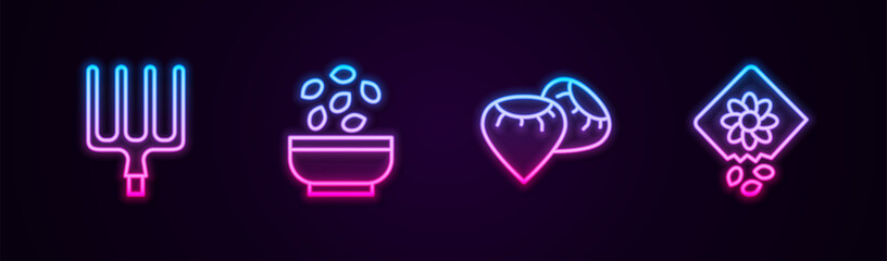 Set line Garden pitchfork, Seeds in bowl, and Pack full of seeds of plant. Glowing neon icon. Vector