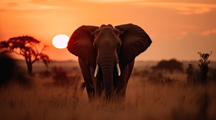 Fototapeta na wymiar A breathtaking shot of a majestic elephant in the wild, standing tall against the backdrop of a vivid orange and red sunset over the African savannah. generative ai